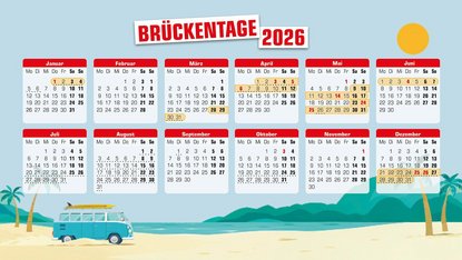 Kalendarium 2026 mit eingezeichneten Brückentagen